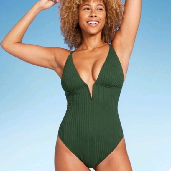 Women's Ribbed Plunge Front V-Wire Swimsuit Shade & Shore Dark Green Size : XL - Picture 1 of 8